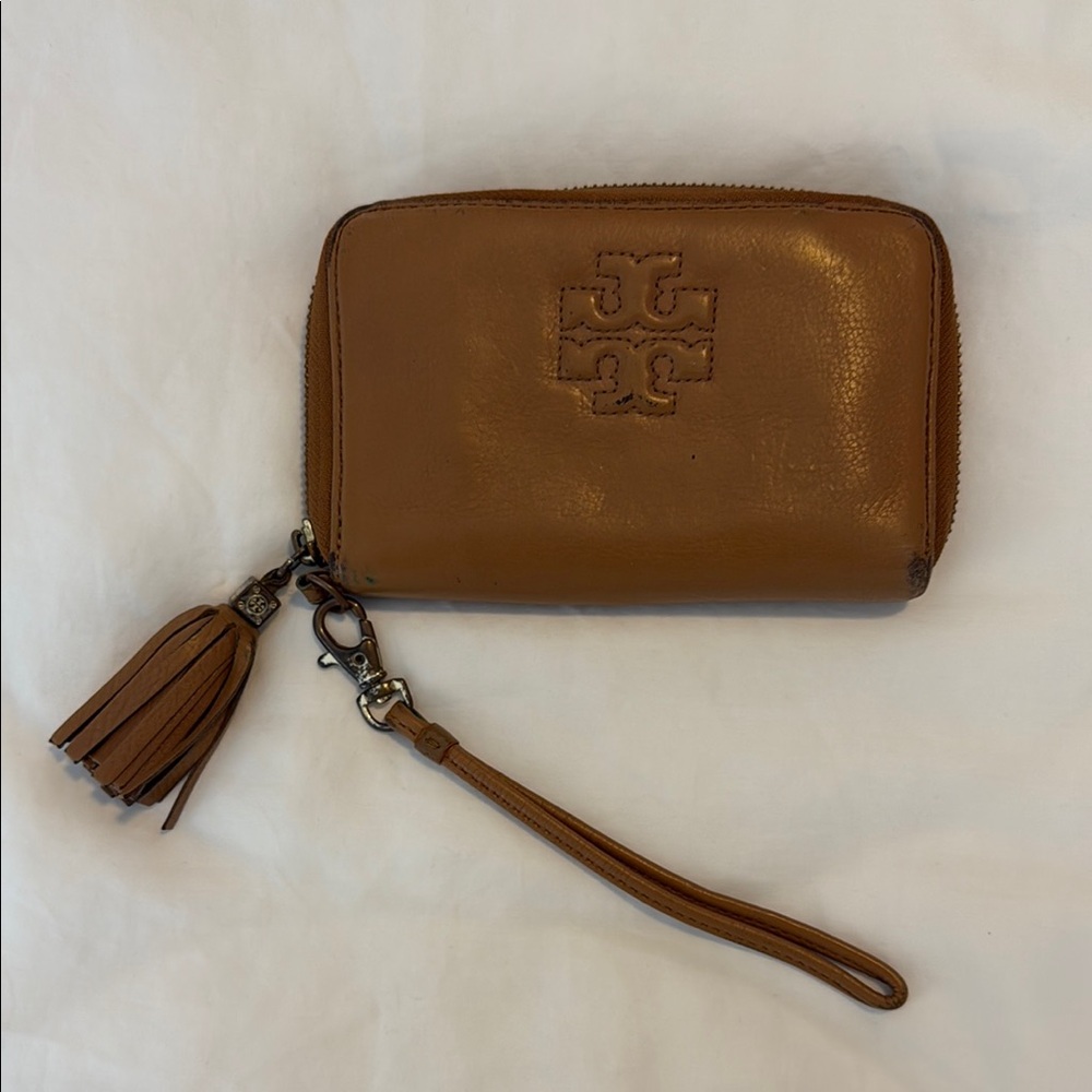 Tory Burch Tan Leather Wristlet with Tassel